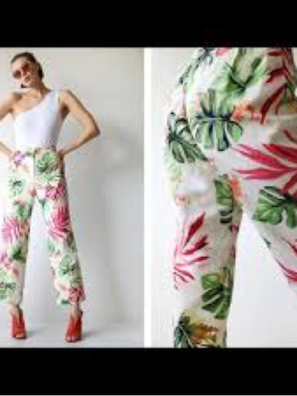 Talbots White Wide-Leg Tropical Print Pants with Pink & Green